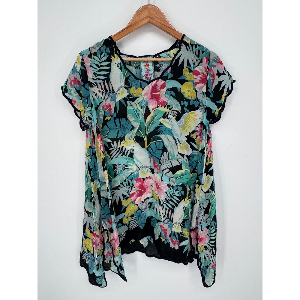 Johnny Was Tropical Cockatoo Print Shirt Women S Sheer Resort Vacation Tropical